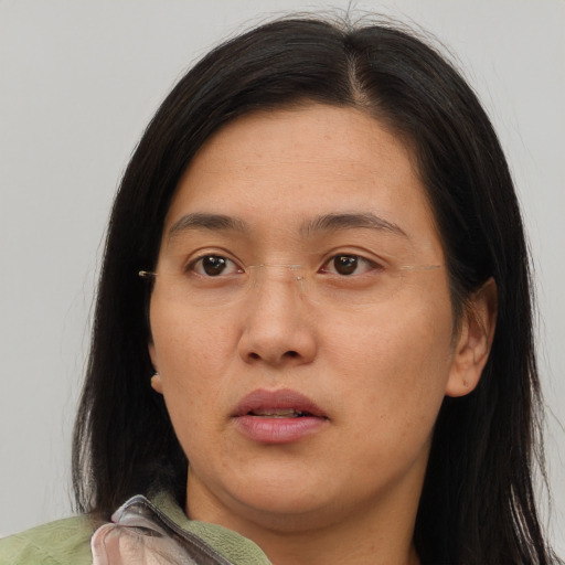 Neutral asian young-adult female with medium  brown hair and brown eyes