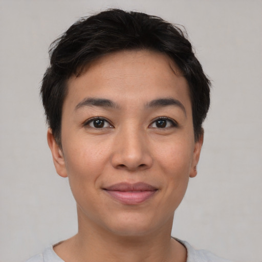 Joyful asian young-adult female with short  brown hair and brown eyes