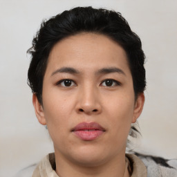 Joyful asian young-adult female with short  black hair and brown eyes