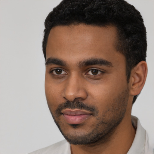 Joyful black young-adult male with short  black hair and brown eyes