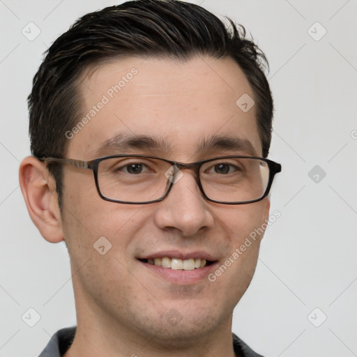 Joyful white young-adult male with short  brown hair and brown eyes