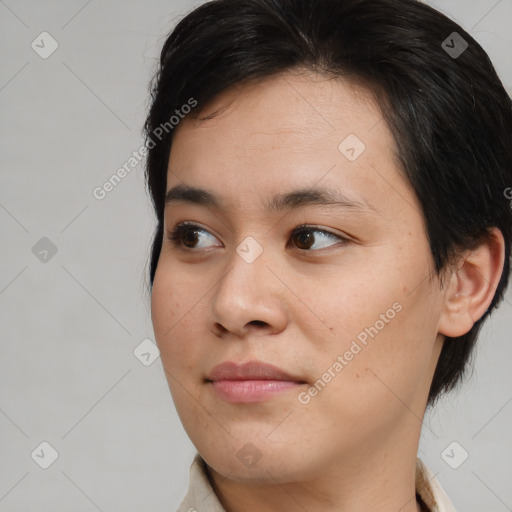 Neutral white young-adult female with medium  brown hair and brown eyes