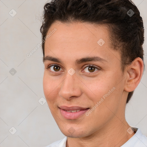 Joyful white young-adult female with short  brown hair and brown eyes