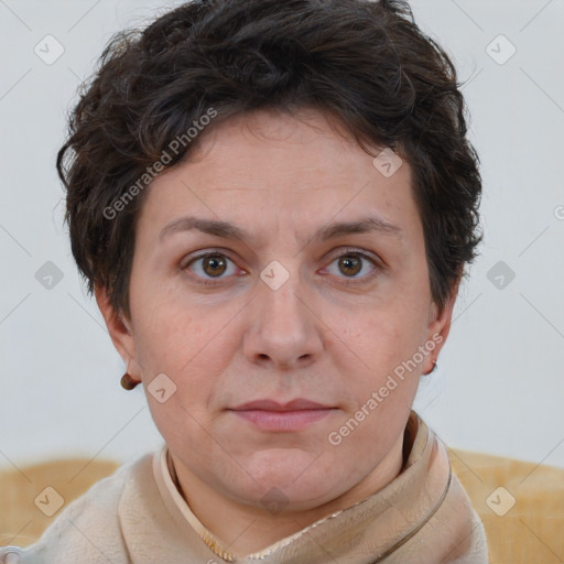 Joyful white adult female with short  brown hair and brown eyes