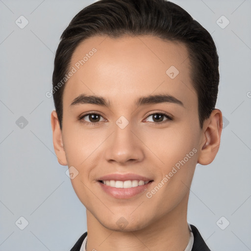 Joyful white young-adult female with short  brown hair and brown eyes