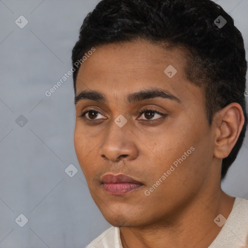 Neutral black young-adult male with short  black hair and brown eyes