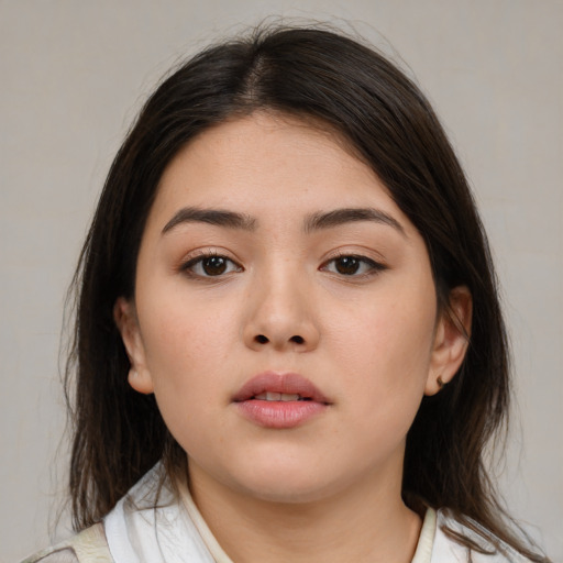 Neutral white young-adult female with medium  brown hair and brown eyes