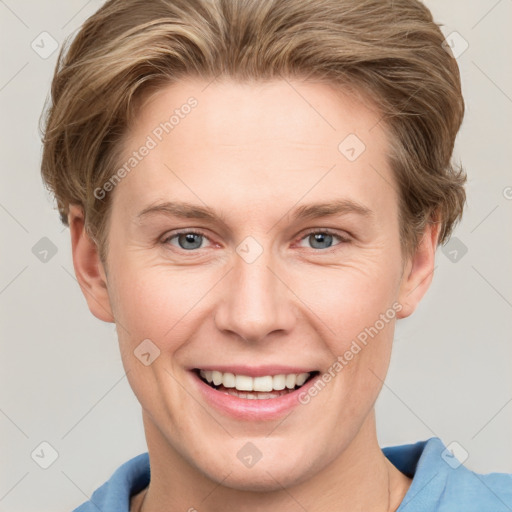 Joyful white young-adult female with short  brown hair and grey eyes