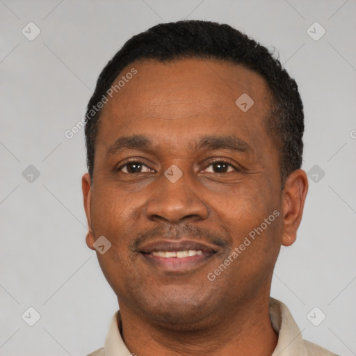 Joyful black young-adult male with short  black hair and brown eyes