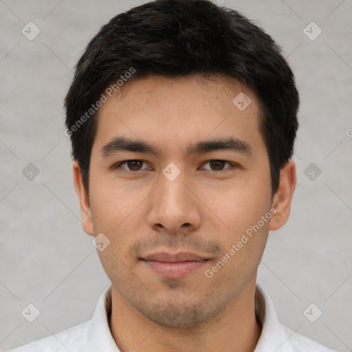 Neutral asian young-adult male with short  black hair and brown eyes