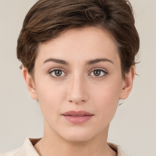 Neutral white young-adult female with short  brown hair and grey eyes