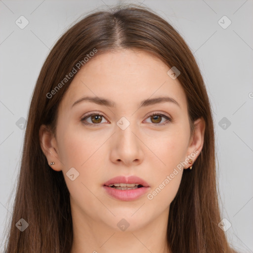 Neutral white young-adult female with long  brown hair and brown eyes