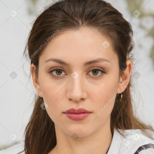 Neutral white young-adult female with medium  brown hair and brown eyes