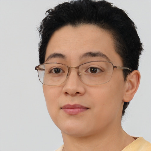 Joyful asian young-adult female with short  brown hair and brown eyes