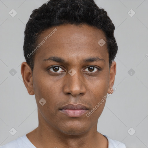 Neutral black young-adult male with short  black hair and brown eyes