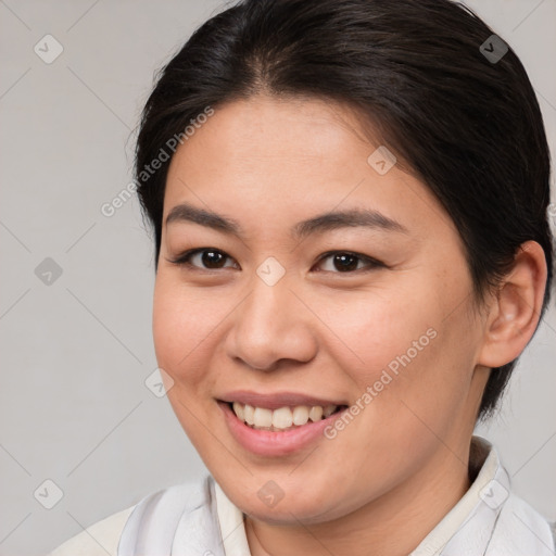 Joyful white young-adult female with medium  brown hair and brown eyes