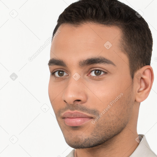 Neutral white young-adult male with short  brown hair and brown eyes