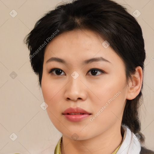 Neutral asian young-adult female with medium  brown hair and brown eyes