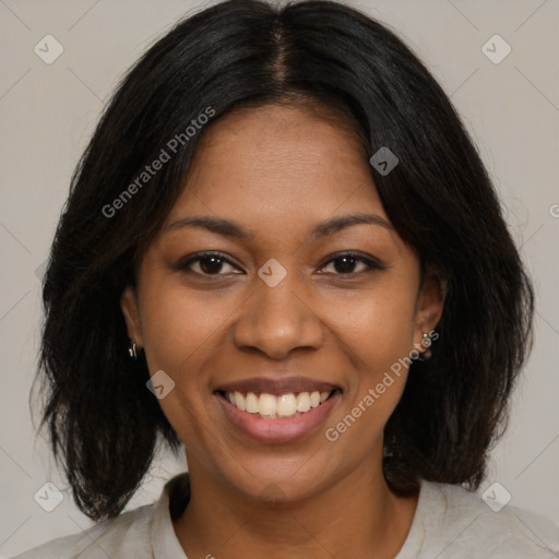 Joyful black young-adult female with medium  brown hair and brown eyes