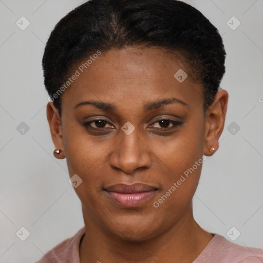 Joyful black young-adult female with short  black hair and brown eyes