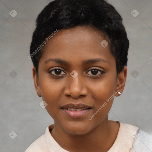 Joyful black young-adult female with short  black hair and brown eyes