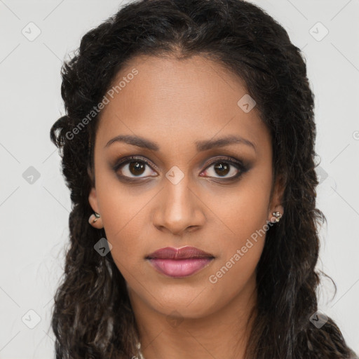 Joyful black young-adult female with long  brown hair and brown eyes