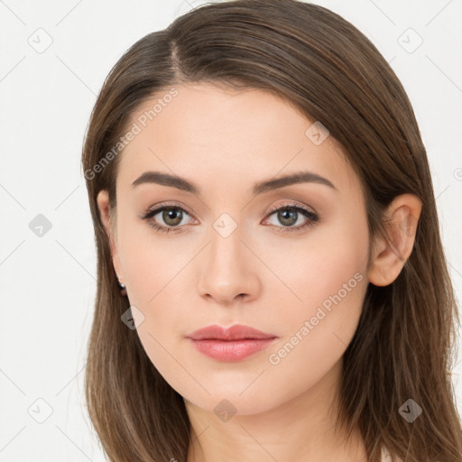 Neutral white young-adult female with long  brown hair and brown eyes