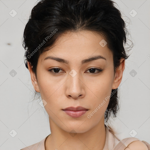 Neutral asian young-adult female with medium  brown hair and brown eyes