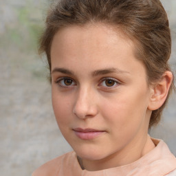 Neutral white young-adult female with short  brown hair and brown eyes