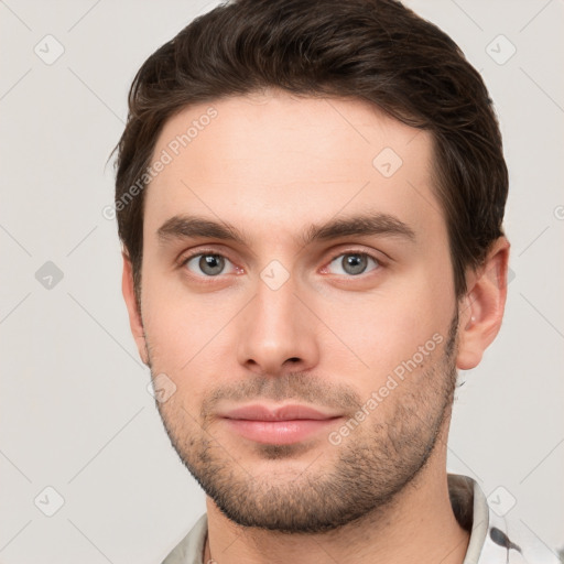 Neutral white young-adult male with short  brown hair and brown eyes