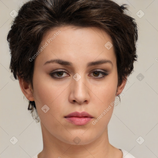 Neutral white young-adult female with short  brown hair and brown eyes