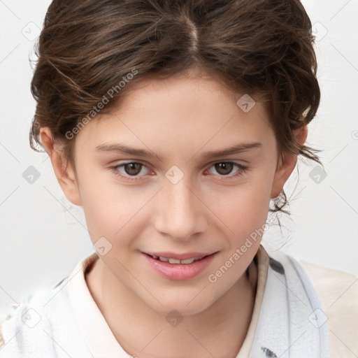 Joyful white child female with medium  brown hair and brown eyes