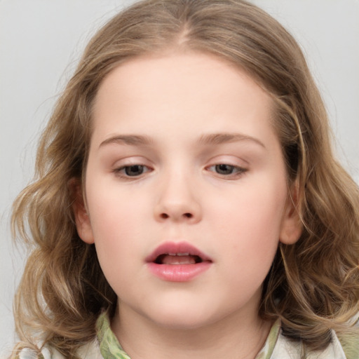 Neutral white child female with medium  brown hair and grey eyes