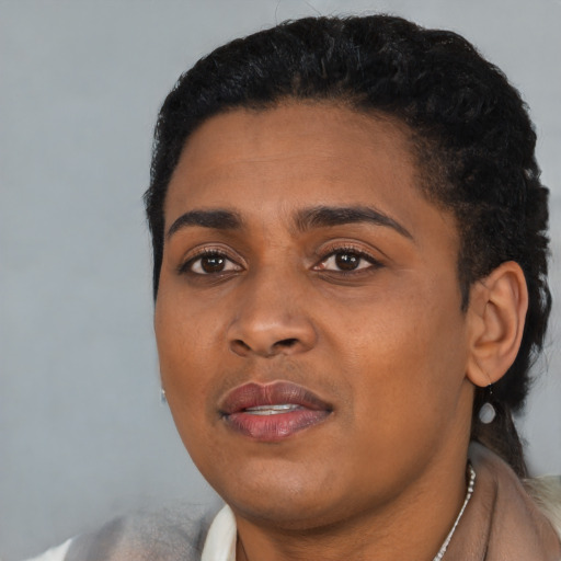 Joyful black young-adult female with short  black hair and brown eyes