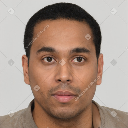 Neutral latino young-adult male with short  black hair and brown eyes