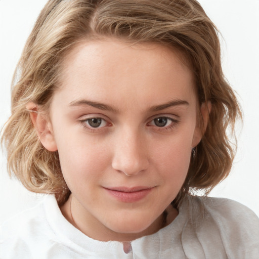 Joyful white child female with medium  brown hair and grey eyes