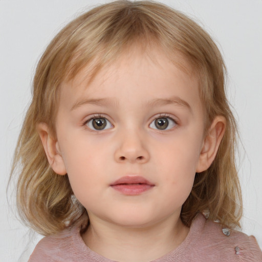 Neutral white child female with medium  brown hair and blue eyes