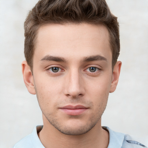 Neutral white young-adult male with short  brown hair and grey eyes