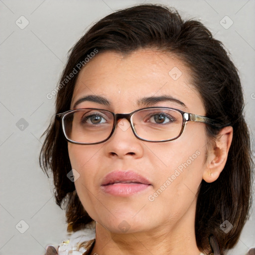 Neutral white young-adult female with medium  brown hair and brown eyes