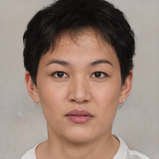 Neutral asian young-adult female with short  black hair and brown eyes