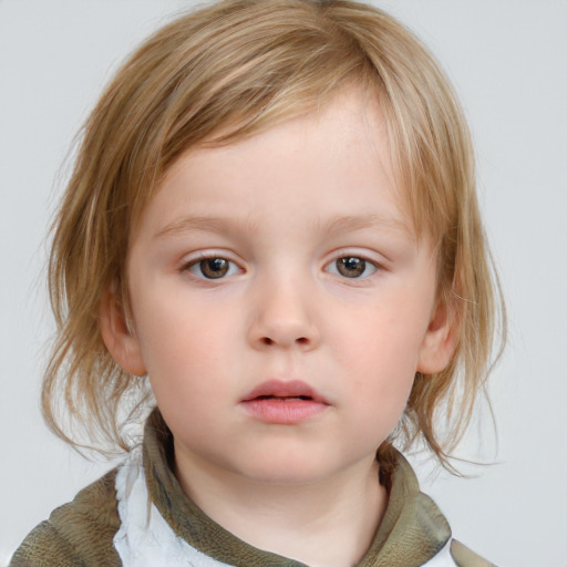 Neutral white child female with medium  brown hair and blue eyes