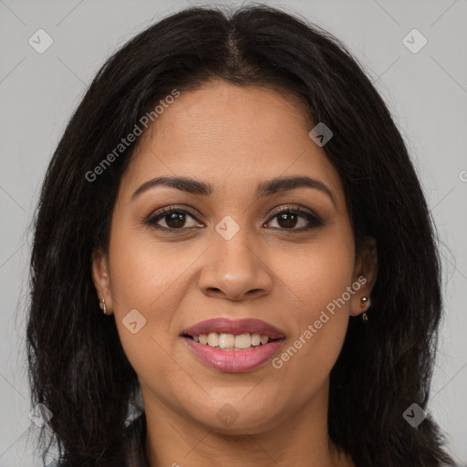 Joyful latino young-adult female with long  brown hair and brown eyes