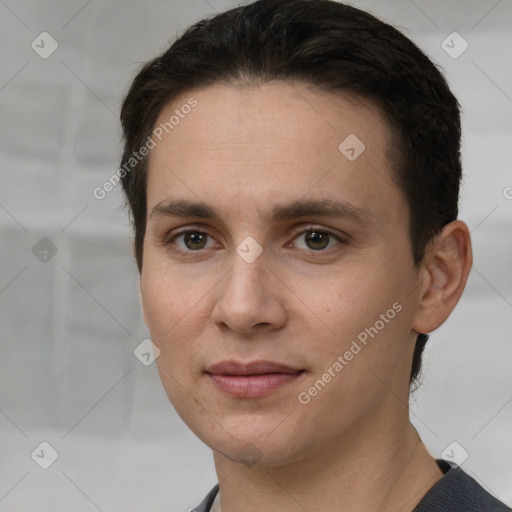 Joyful white young-adult male with short  brown hair and brown eyes