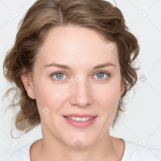 Joyful white young-adult female with medium  brown hair and blue eyes