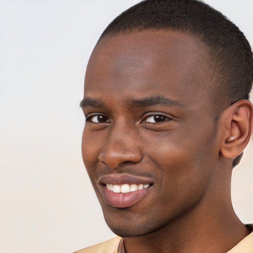 Joyful black young-adult male with short  brown hair and brown eyes