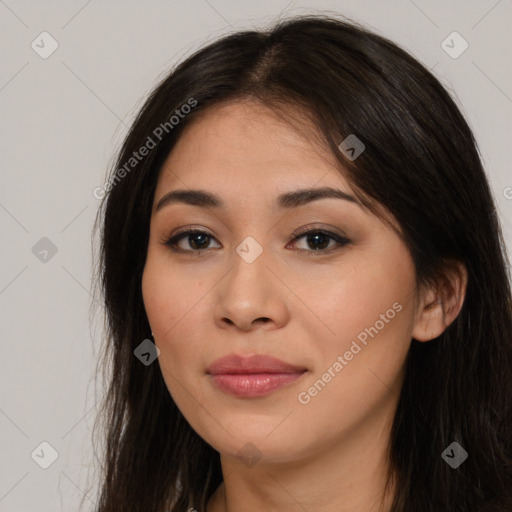 Joyful asian young-adult female with long  brown hair and brown eyes