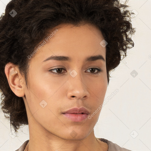 Neutral white young-adult female with short  brown hair and brown eyes