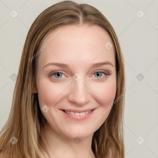 Joyful white young-adult female with long  brown hair and blue eyes