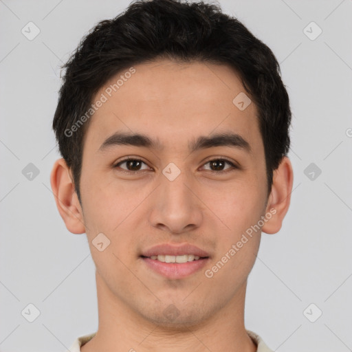 Joyful latino young-adult male with short  brown hair and brown eyes