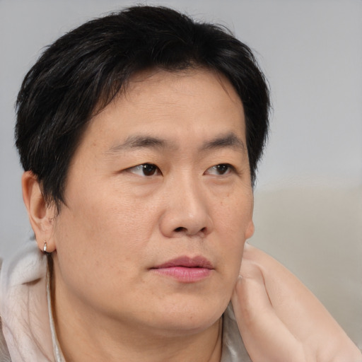 Neutral asian adult male with short  brown hair and brown eyes